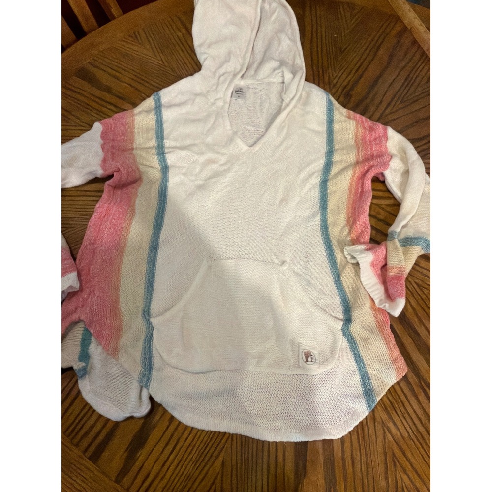 Buc-ee's Women Striped Knit Hoodie Sweater White Pink Blue Medium
